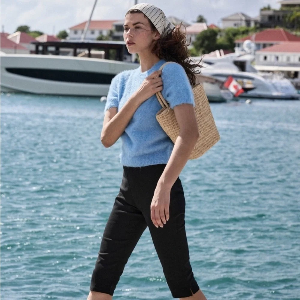 NWT Doen Hearst Alpaca Wool Brushed Puff Short Sleeve Sweater Top Seashore Blue